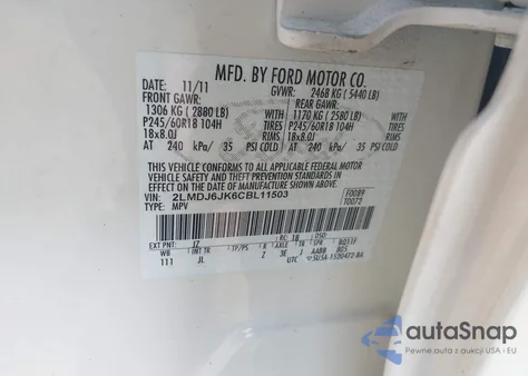 2012 Lincoln Mkx z USA, uszkodzony, nr VIN 2LMDJ6JK6CBL11503